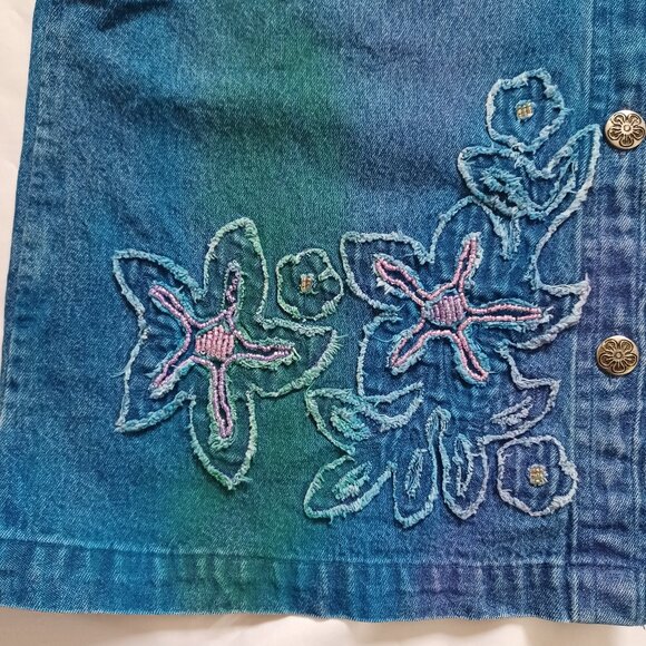 Keren Hart Denim Jacket Blazer Tie dye Airbrush Beaded Applique Relaxed Size M - Picture 3 of 8